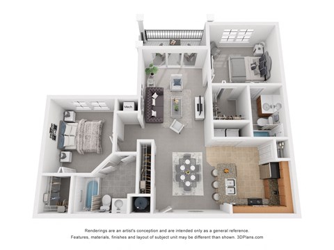 Floor plan for 2 beds, 2 baths, 938 sqft
